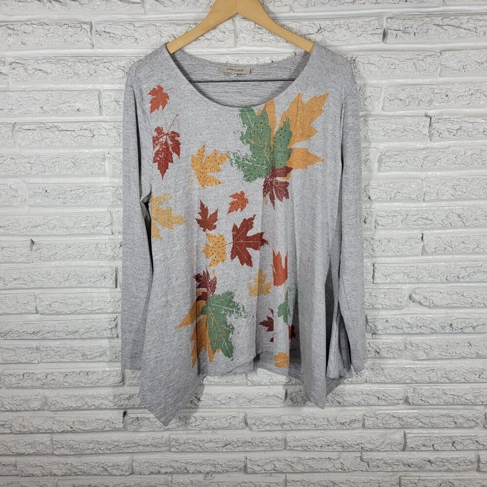 Astrologie Womens Top XL Autumn Leaves Gray Asymmetric‎ Rhinestones GRA40E